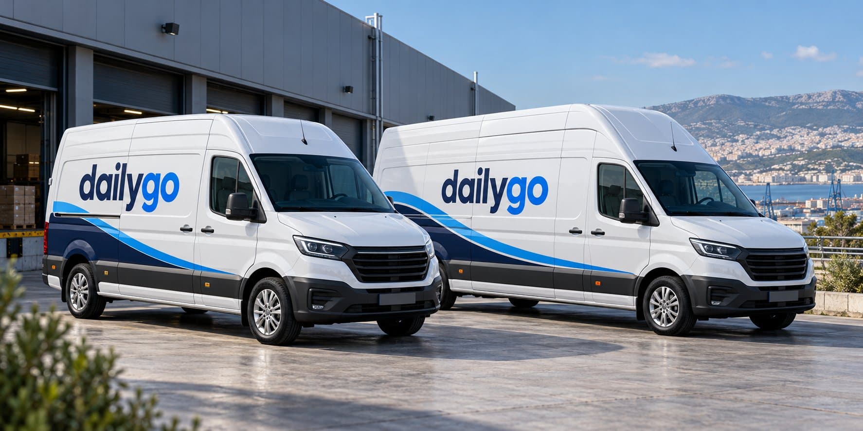 Απεικόνιση: δύο βαν της dailygo μπροστά σε αποθήκη